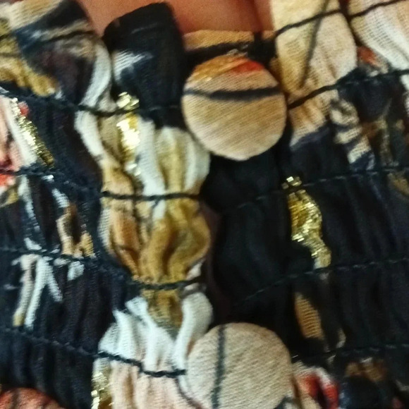 Floral sheer boho gathered mock neck flowy ruffle shimmer wide sleeve M - Picture 14 of 14